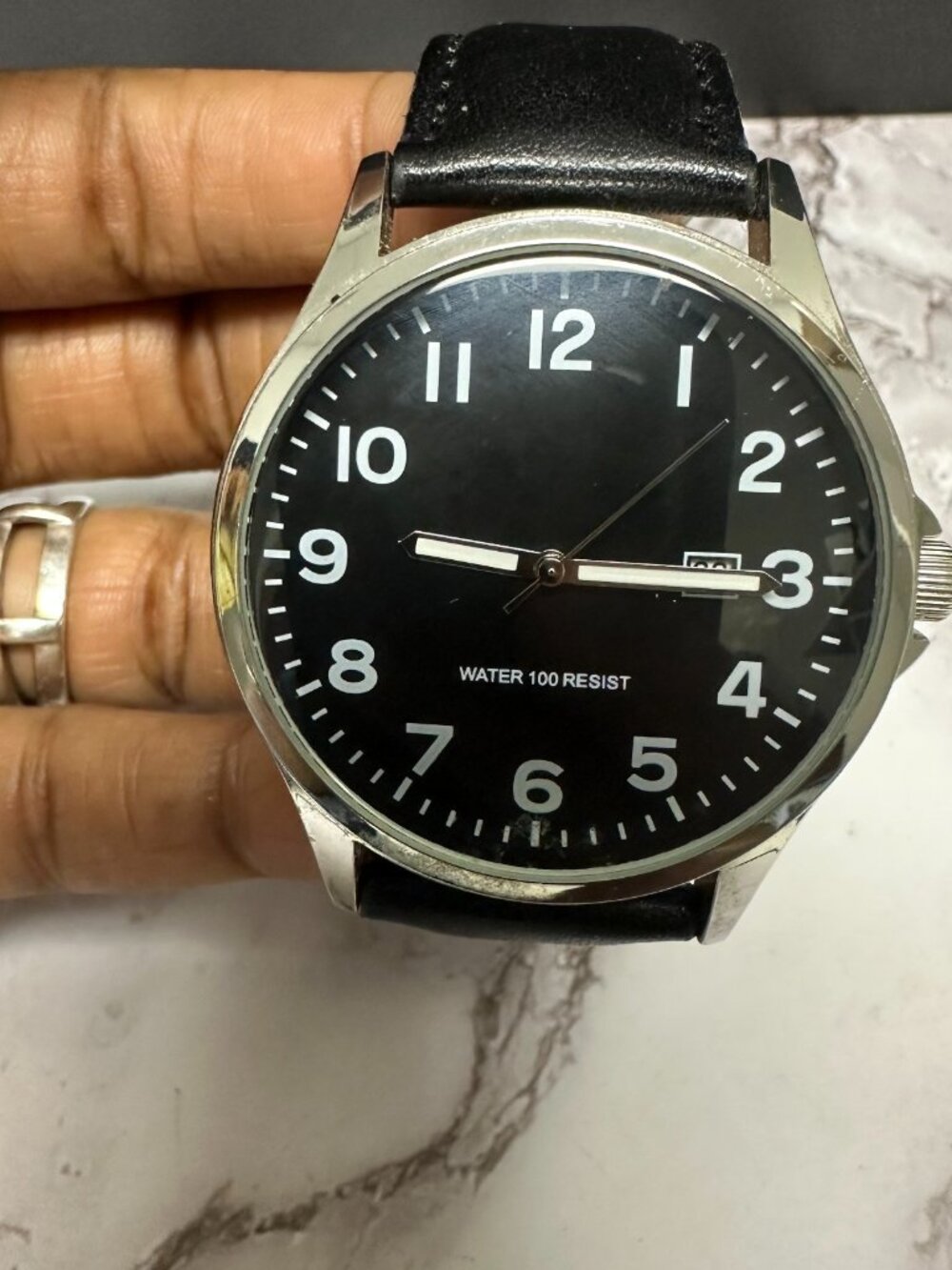 3/$30Amazon Essentials Watch Men Silver Tone Black Dial Date Leather Band